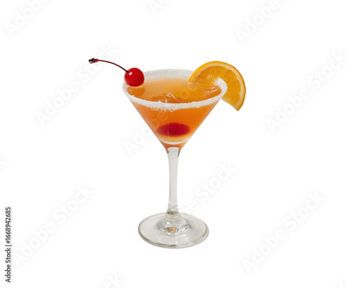 Cosmopolitan cocktail: A vibrant Cosmopolitan cocktail, a perfect blend of flavors, garnished with a cherry and a slice of orange, set against a captivating backdrop that enhances its elegant appeal.