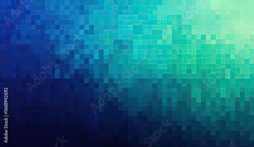 Abstract pixel art showcasing a gradient transition from deep blues to vibrant teals and pale greens, creating a mosaic effect with varying square pixel sizes