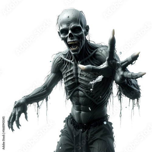 A terrifying zombie reaching out in a haunting gesture against a stark transparent background, Scary Zombie isolated on transparent background