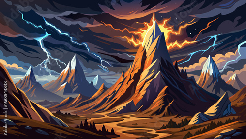 Lightning Striking Dramatic Mountain Backdrop
Thunder shakes the heavens, jagged lightning crowns rocky peaks, storm clouds swirl above towering cliffs, raw power electrifies the landscape, untamed fu