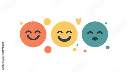 Set of three flat minimalist smiling feedback emojis in orange yellow teal colors with simple facial expressions and decorative dots and heart shapes on white background