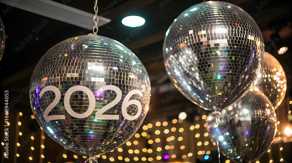 Obraz premium Shiny disco balls with 2026 for a new year celebration