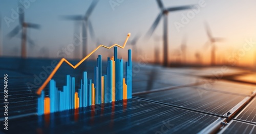 Growing graph on solar panels, wind turbines in background