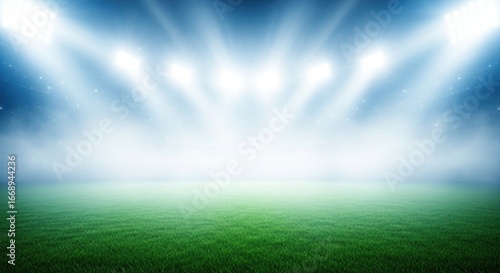 A stadium field bathed in bright spotlights, showcasing a vast expanse of vibrant green grass under a hazy sky.
