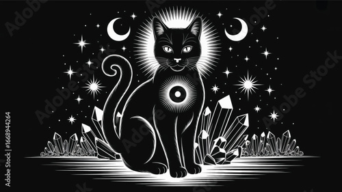 A black-and-white digital illustration of a mystical black cat seated upright, surrounded by celestial symbols. The cat has a radiant halo around its head and a glowing circular emblem on its chest, s