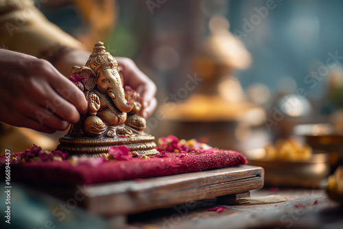 Ganesh idol carefully placed on wooden chowki