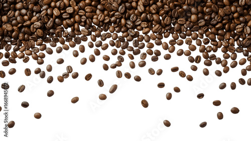 Rich Aroma of Roasted Coffee Beans: A vibrant cascade of dark brown coffee beans, freshly roasted, elegantly tumbles across the frame, promising a sensory delight.