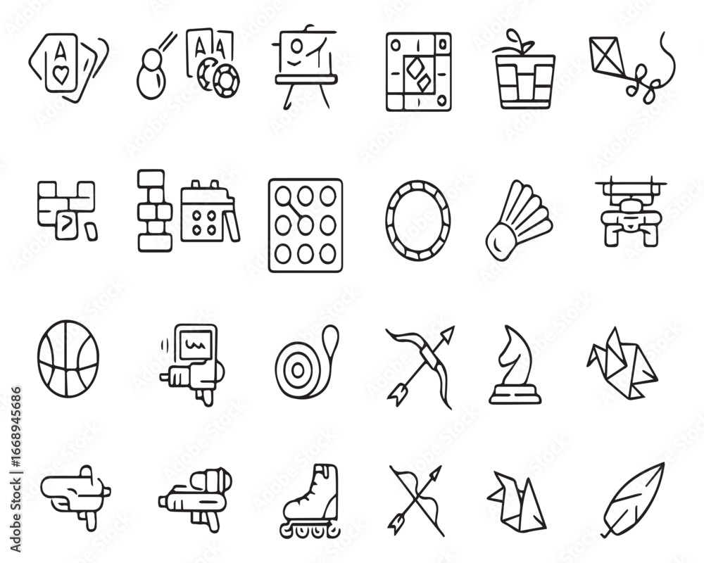 Fototapeta premium Set of outline icons related to games, sports, activities. Linear icon collection