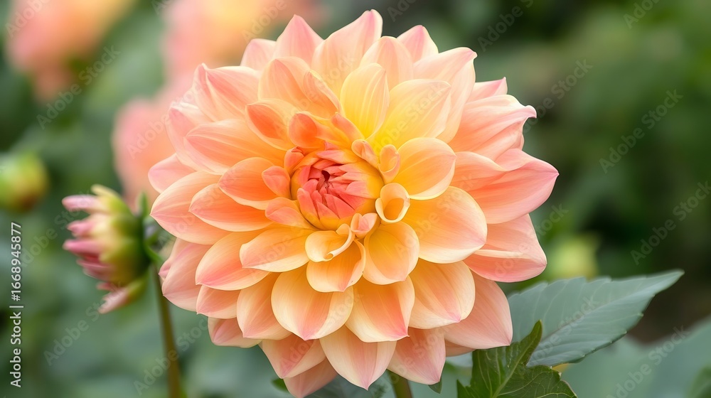 Fototapeta premium Peach Dahlia Flower Bloom Close Up Nature Photography