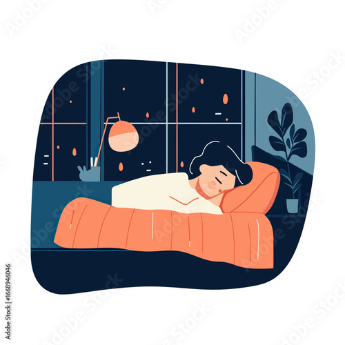 Calm woman peacefully sleeping in cozy bed with orange blanket at night in minimalistic bedroom interior with window and plant illustration vector