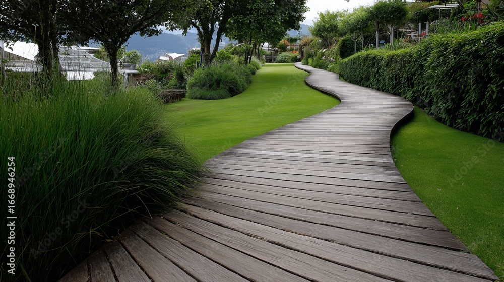 Obraz premium A serene wooden pathway curves through lush greenery, inviting a peaceful stroll in a tranquil garden setting.