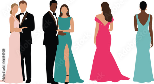 Fashionable couples and elegant women in evening dresses, stylish formal wear illustration for wedding, prom, gala, celebration, or modern fashion design.