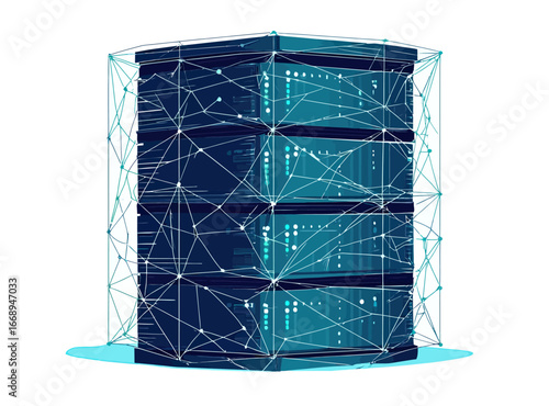 Polygonal wireframe digital data server stack with glowing nodes and interconnected network lines representing modern technology infrastructure and cloud computing concept on white background