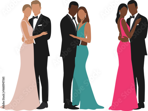 Elegant couples wearing formal evening attire, posing together in romantic embrace, suitable for wedding, prom, fashion, love, or celebration concept vector.