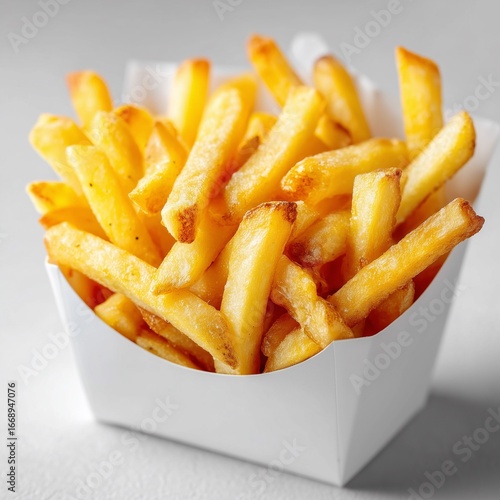 French fries in a white box on a light background photo for advertising