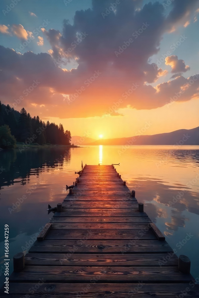 Fototapeta premium Tranquil sunrise over a serene dock extending into calm waters, the shoreline gently sloping into the lake Perfect for peaceful, nature, and travel themes , water, wood, travel