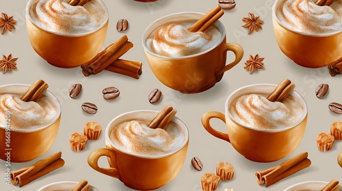 Warm Cozy Cups of Coffee with Cream and Cinnamon Sticks Pattern