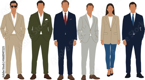 Business professional outfit vector illustration, men and women in formal suits, modern office fashion, full body, faceless characters, diverse clothing styles.