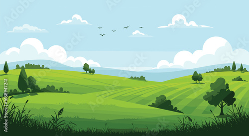 Beautiful cartoon countryside landscape with green rolling hills, cloudy blue sky, distant trees, scenic nature background, ideal for nature illustration or design.