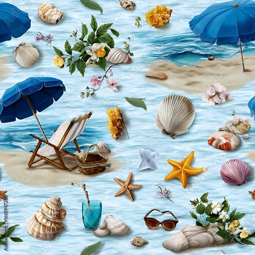 Beach Scene with Umbrella, Seashells, and Tropical Elements