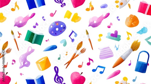 Colorful Creative Elements Including Books, Music Notes, and Art Supplies