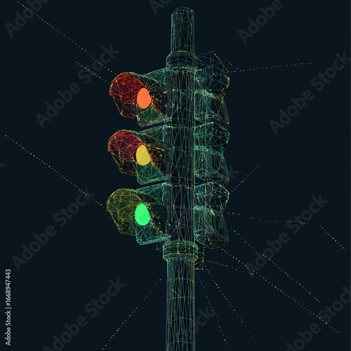 Low poly wireframe 3D traffic light with red yellow green signals, polygonal semaphore urban transport control and regulation illustration on dark background