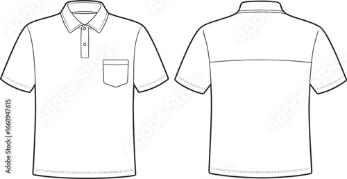 Vector technical flat sketch of men's polo shirt with short sleeves, button placket, chest pocket, front and back views, fashion template