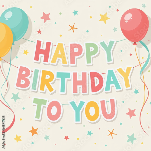 Vibrant balloons in pink, teal, yellow, and orange float amidst a starry background with confetti, ribbons, and a warm beige tone, creating a festive birthday scene.