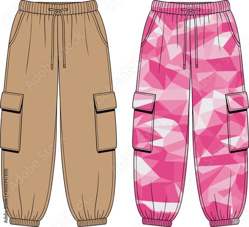 Vector illustration of jogger cargo pants, front view, plain and geometric pattern design, fashion flat sketch for streetwear or activewear apparel