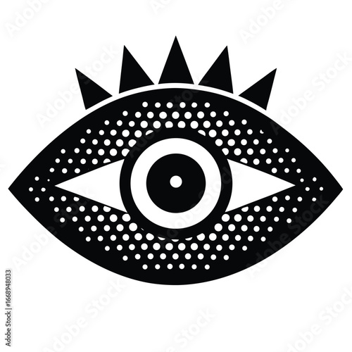 Stylized Black and White Eye Icon with Crown and Dots Pattern evil eye protection