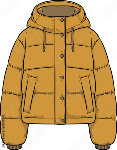 Brown puffer jacket vector illustration, insulated winter coat with hood and buttons, modern casual outerwear design for fashion, branding, or apparel mockup