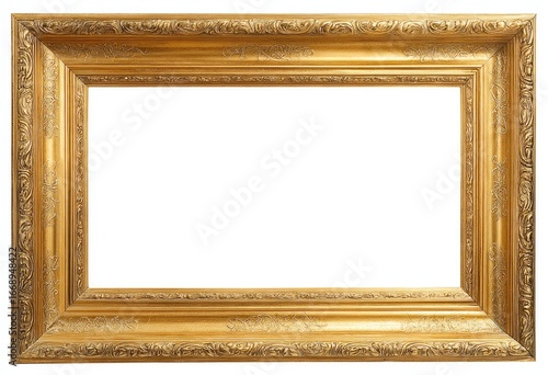 Ornate gold rectangular picture frame with detailed, embossed molding and a wide border, isolated on white