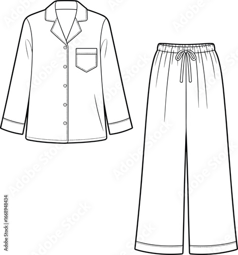 Women’s pajama set illustration, long sleeve button-up shirt with collar, loose elastic waist pants, comfortable sleepwear, loungewear fashion vector template design