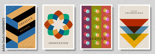 Set of vintage minimal posters with design of the 20s. Abstract creative template with primitive shapes elements. Modern art background ads, cover, poster, sales, social media, flyer, interior.