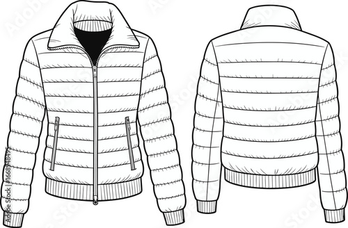 Puffer jacket technical flat sketch, front and back view, zip-up winter coat vector template, quilted outerwear fashion illustration for apparel design