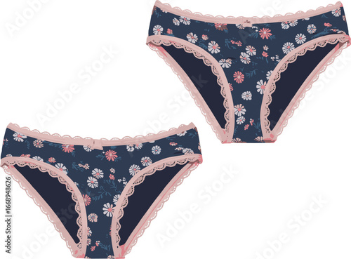 Floral lace women’s panties vector illustration, front and back fashion flat sketch, cute underwear design template, seamless intimate wear drawing