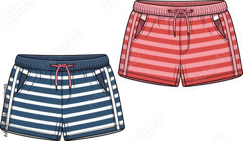 Striped women’s shorts vector flat sketch, front view, fashion technical illustration with drawstring waistband, casual summer wear design template, two color options