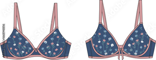Floral printed women's bra vector illustration, front and back technical flat sketch, lingerie fashion design template, cute undergarment with bow detail