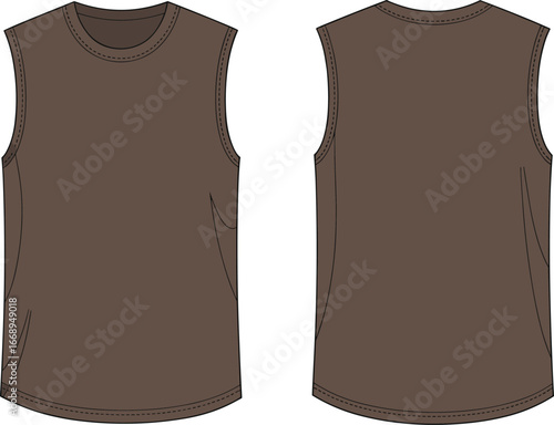 Sleeveless tank top technical flat sketch, brown gym wear mockup, front and back view template, fashion vector illustration for apparel design
