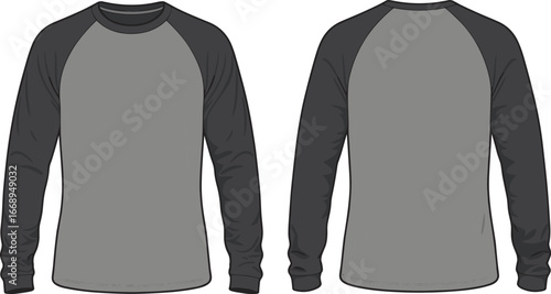 Men’s raglan long sleeve t-shirt vector, front and back fashion flat sketch, casual crew neck tee shirt design, technical illustration