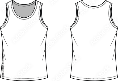 Basic tank top vector template, front and back flat sketch illustration, casual sleeveless shirt design, men’s fashion apparel, clothing technical drawing