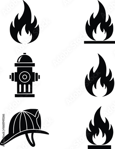 Firefighter icons set including flames hydrant and helmet for emergency services design silhouette