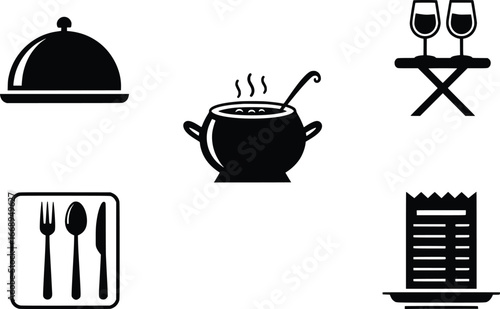 Collection of restaurant and dining icons for food service industry and culinary designs silhouette