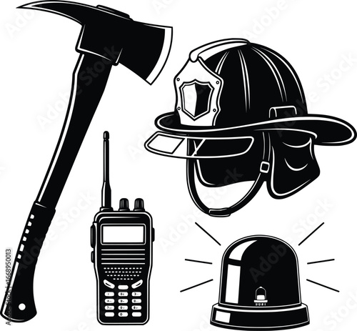 Firefighter gear including axe helmet radio and siren for emergency services and safety professions silhouette