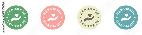 Handmade with love handcrafted product icon emblem label set with heart shape design