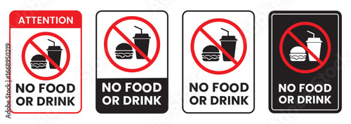 No food or drink allowed sign. No eating or drinking sign. No food or drink logo, label, badge, sticker, symbol, emblem, stamp, banner, circle, black, line, flat vector, isolated illustration.