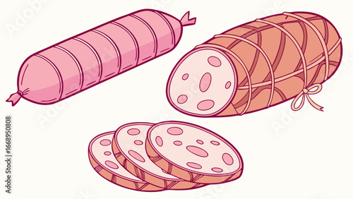 salami ham deli meat illustration charcuterie food line art drawing isolated on white background.