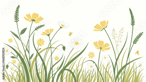 wildflower meadow watercolor illustration spring botanical nature art buttercups isolated on white background.