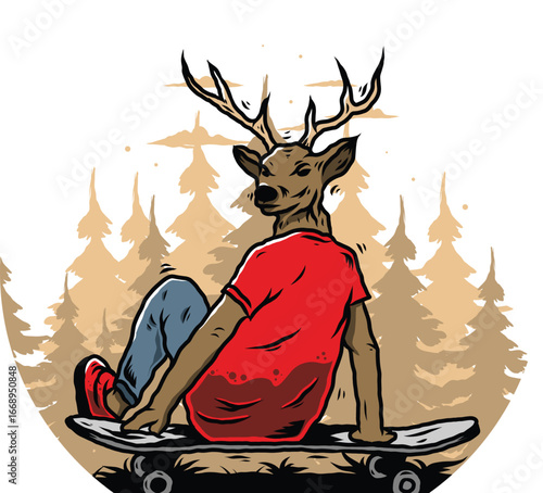 hand drawn illustration of man with deer head, mascot seer, cartoon deer