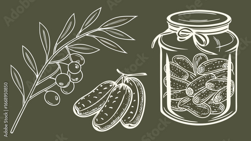 hand drawn olive branch jar illustration mediterranean food line art